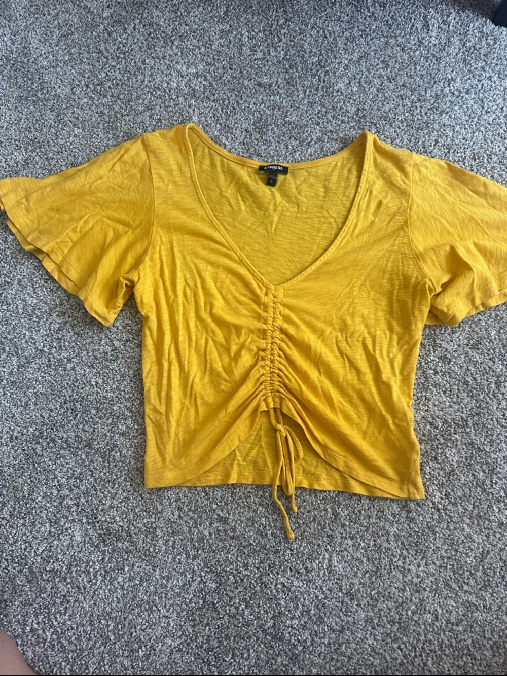 Express Yellow Ruched V-Neck Crop Top